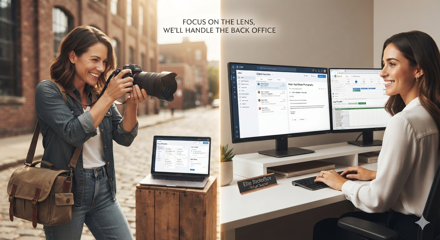 A split image showing a freelance photographer smiling while shooting on location, and an Elite Backoffice virtual assistant managing business operations, lead generation, and client outreach on dual monitors.